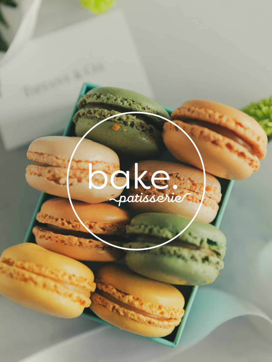 Bake Patisserie logo on box of macarons