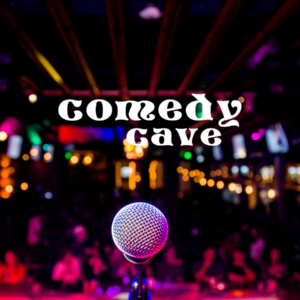Comedy Cave logo on image of mic on stage